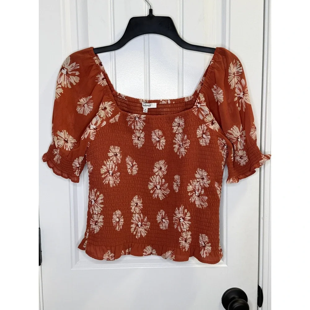 Madewell Lucie Smocked Puff Sleeve Top XS Orange Floral Cottagecore Boho‎ Summer